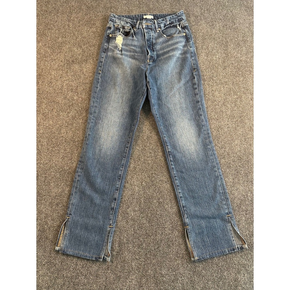 Good American Straight‎ Leg Distressed Blue Jeans Split Hem Size 4/27 Chic Denim